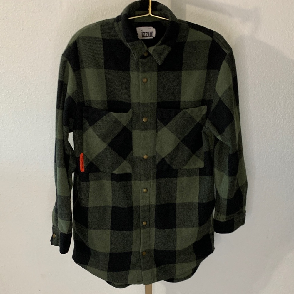 Izzue Green Black Plaid Snap Front Shirt Jacket Flannel Size S